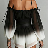 Cloe Mono de Chiffon Blanco y Negro con Degradado, Escote Bardot y Cinturón a la Cintura