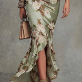 Valentina | Groene asymmetrische maxi-jurk met bloemenprint en ruches