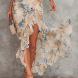 Aitana | Beige chiffon maxi-jurk met bloemenprint en asymmetrische ruches