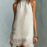 Dafne Vestido Mini Color Marfil con Escote Halter y Detalles de Encaje