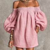 Florentia | Roze off-shoulder mini-jurk met pofmouwen