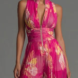 Cayetana | Fuchsia chiffon jumpsuit met bloemenprint en wijde pijpen