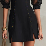 Adela Vestido Mini Negro con Escote Bardot, Mangas Abullonadas y Tachuelas