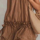 Romina Vestido Mini de Chiffon Marrón con Escote Halter y Detalles de Volantes
