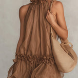 Romina Vestido Mini de Chiffon Marrón con Escote Halter y Detalles de Volantes
