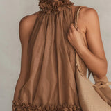 Romina Vestido Mini de Chiffon Marrón con Escote Halter y Detalles de Volantes