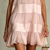 Estrella Vestido Mini de Chiffon Rosa Claro Plisado con Diseño de Capas y Patchwork