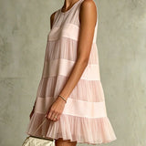Estrella Vestido Mini de Chiffon Rosa Claro Plisado con Diseño de Capas y Patchwork