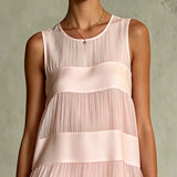 Estrella Vestido Mini de Chiffon Rosa Claro Plisado con Diseño de Capas y Patchwork