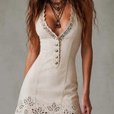 Adara Vestido Mini Color Marfil de Encaje Calado con Escote en V