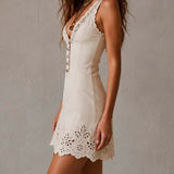 Adara Vestido Mini Color Marfil de Encaje Calado con Escote en V