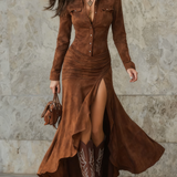 Lange jurk met asymmetrische ruffles en retro reverskraag