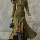 Lange jurk met asymmetrische ruffles en retro reverskraag