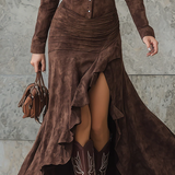 Lange jurk met asymmetrische ruffles en retro reverskraag