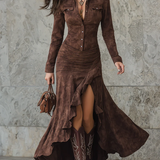 Lange jurk met asymmetrische ruffles en retro reverskraag