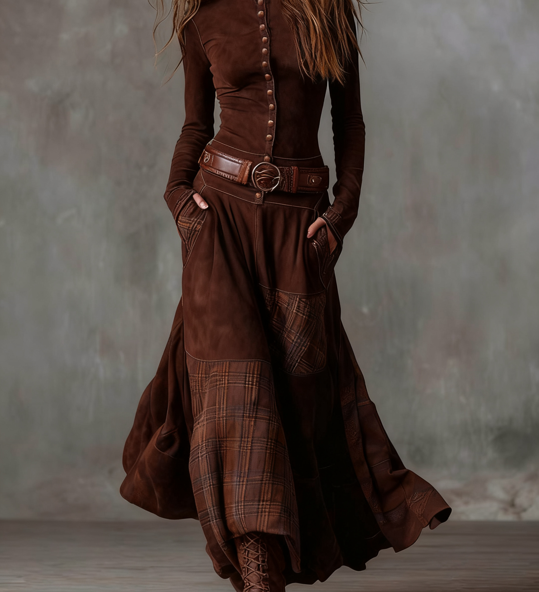 Maxi-jurk met suède look, ruitendetails en vintage bohemien stijl
