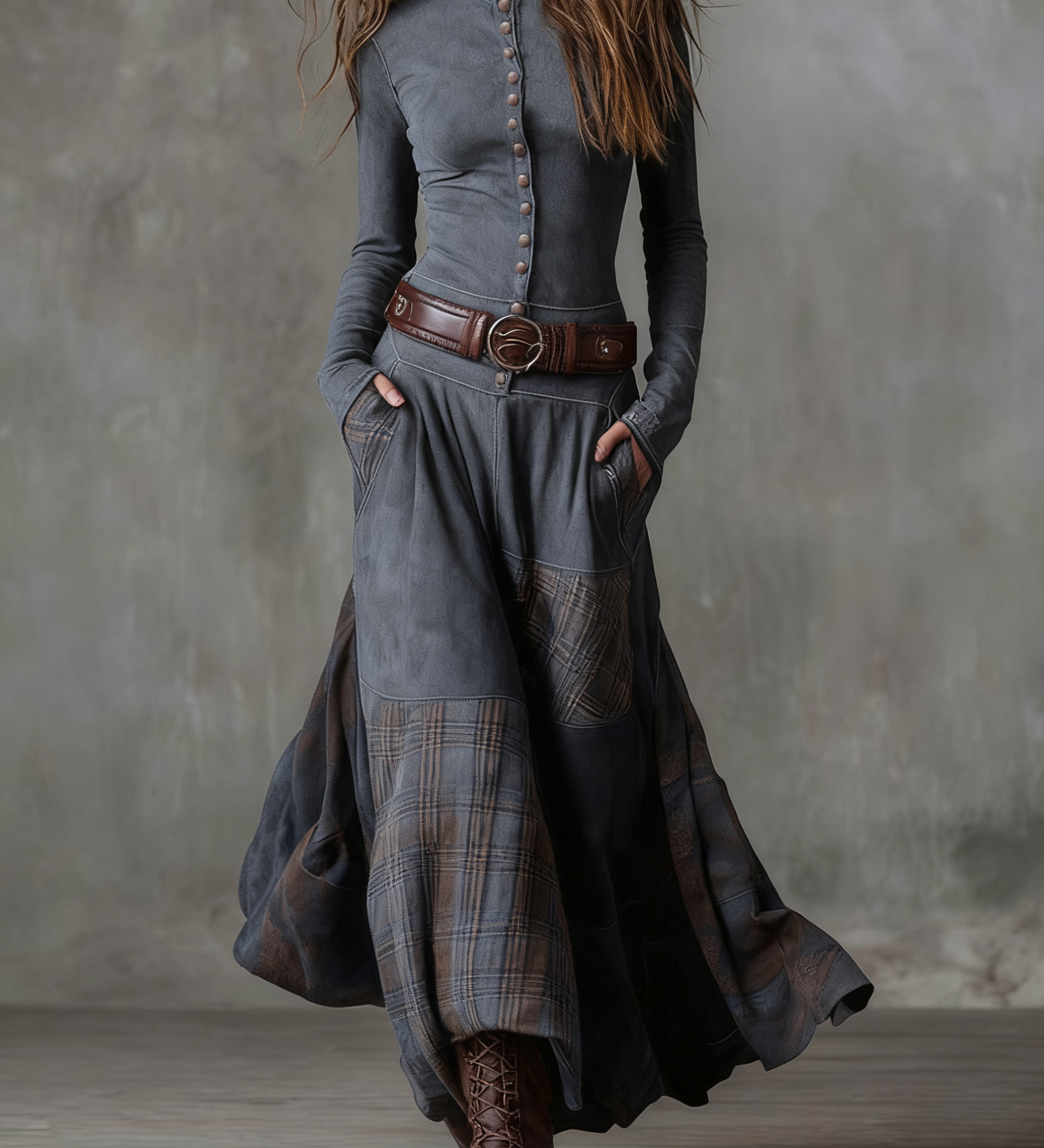 Maxi-jurk met suède look, ruitendetails en vintage bohemien stijl