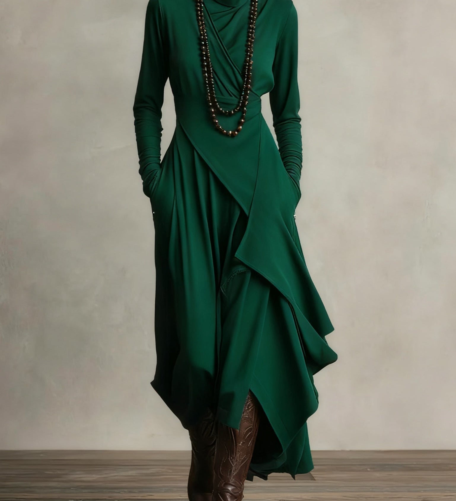 Maxi jurk met hoge hals en bohemien elegantie in paars