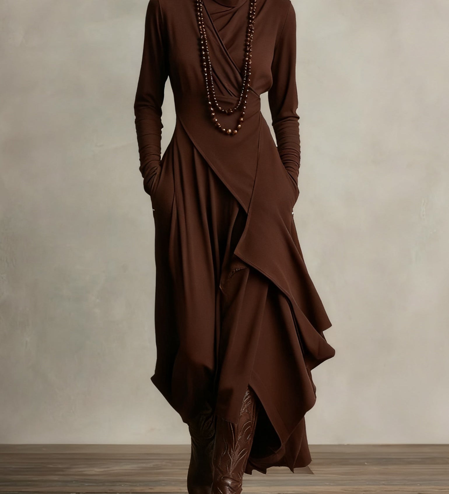Maxi jurk met hoge hals en bohemien elegantie in paars