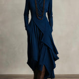 Maxi jurk met hoge hals en bohemien elegantie in paars