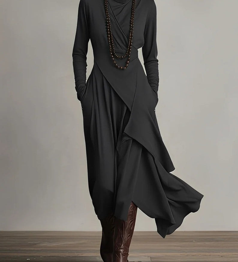 Maxi jurk met hoge hals en bohemien elegantie in paars