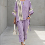Linnen set met streepdetails en asymmetrische tuniek
