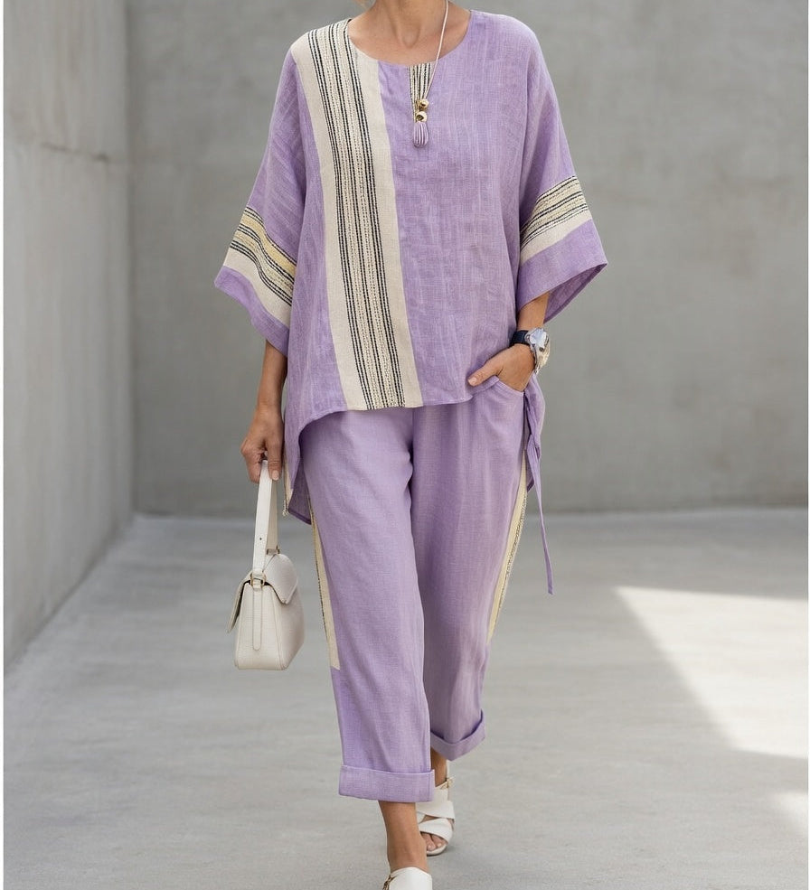 Linnen set met streepdetails en asymmetrische tuniek