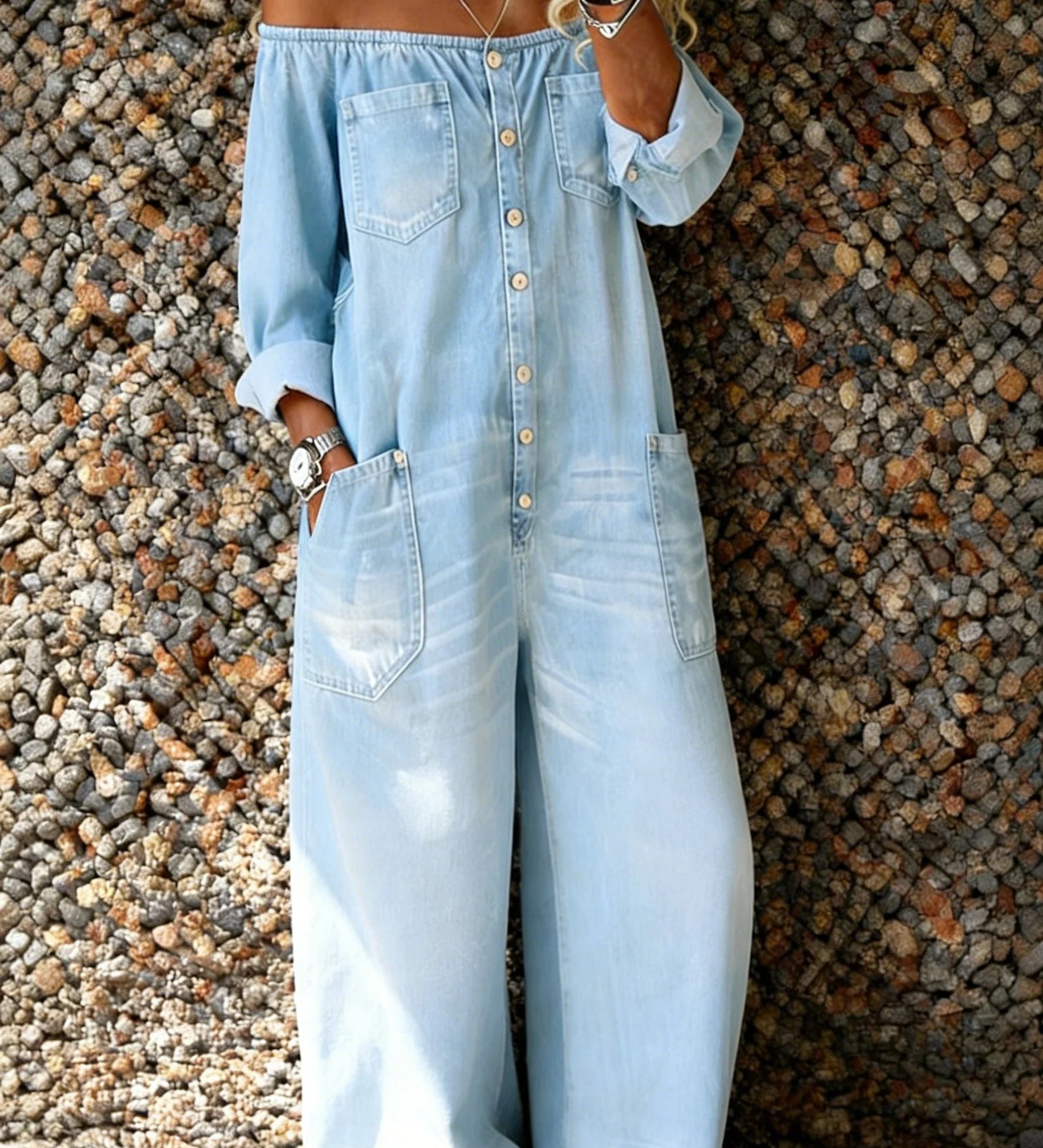 Denim jumpsuit met off-shoulder halslijn en relaxte pasvorm