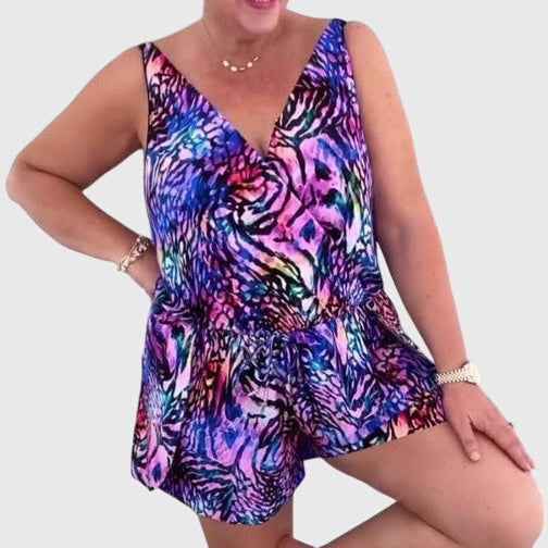 Nienke | Mouwloze Badmode Jurk met Oceaanprint en V-hals