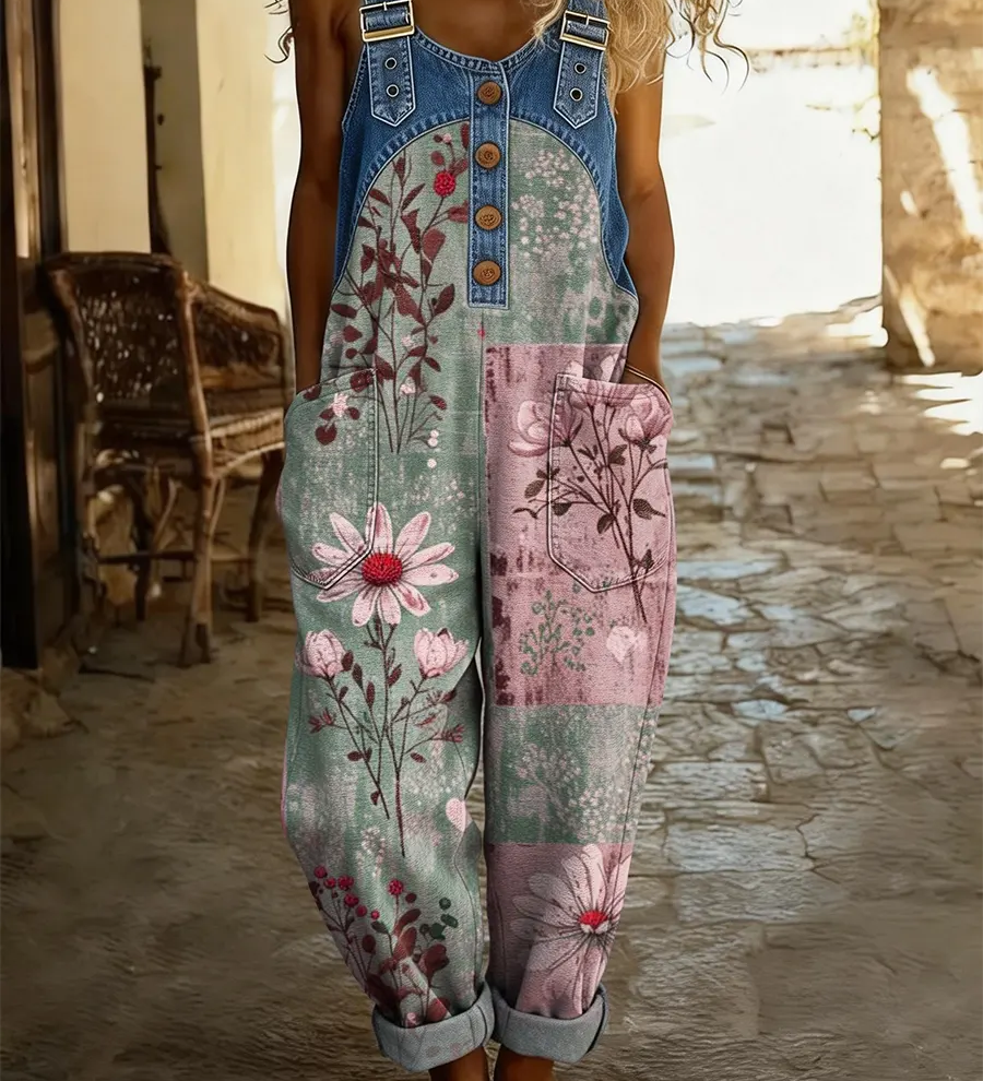 Eveline | Denim jumpsuit met patchwork bloemenprint en losse pasvorm