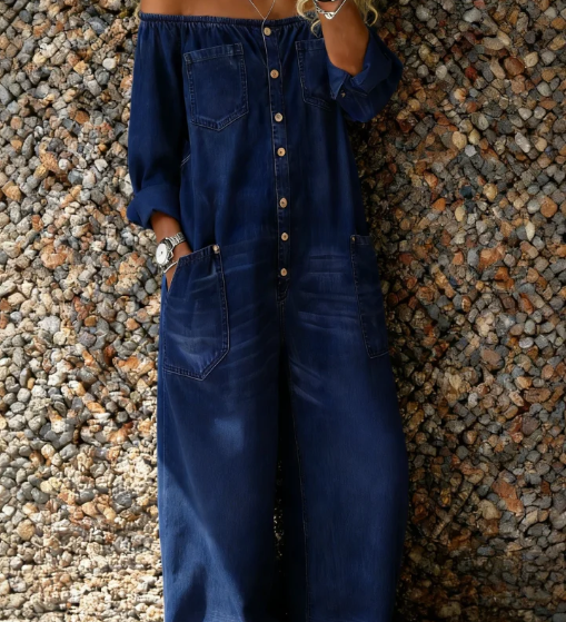 Denim jumpsuit met off-shoulder halslijn en relaxte pasvorm