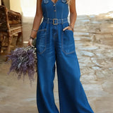 Lyla | Denim Jumpsuit met Tailleband en Wijde Pijpen voor Casual Chic
