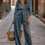 Denim jumpsuit met taillekoord en klassieke knoopsluiting