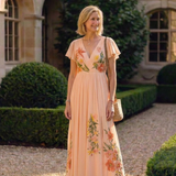 Calista | Maxi Jurk met V-hals en Korte Mouwen