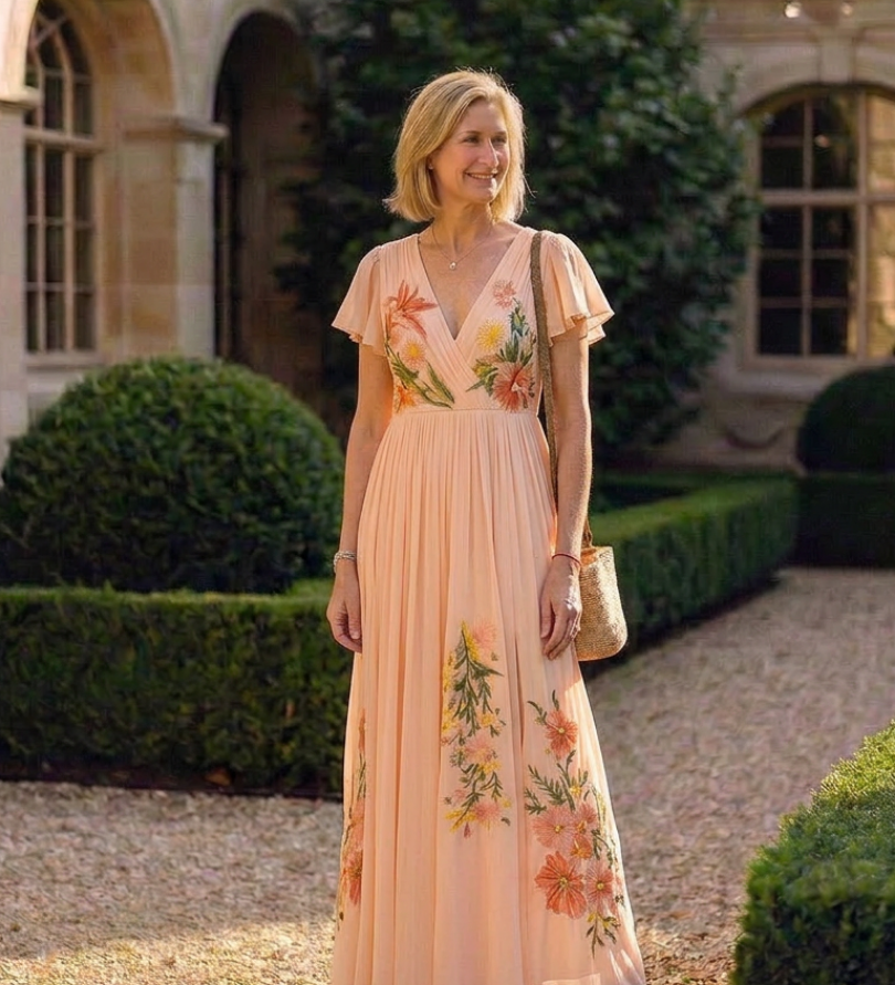 Calista | Elegante Maxi Jurk met V-Hals en Bloemdetails