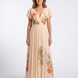 Calista | Maxi Jurk met V-hals en Korte Mouwen