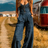 Jara | Denim jumpsuit met brede pijpen en knoopdetail voor casual chic