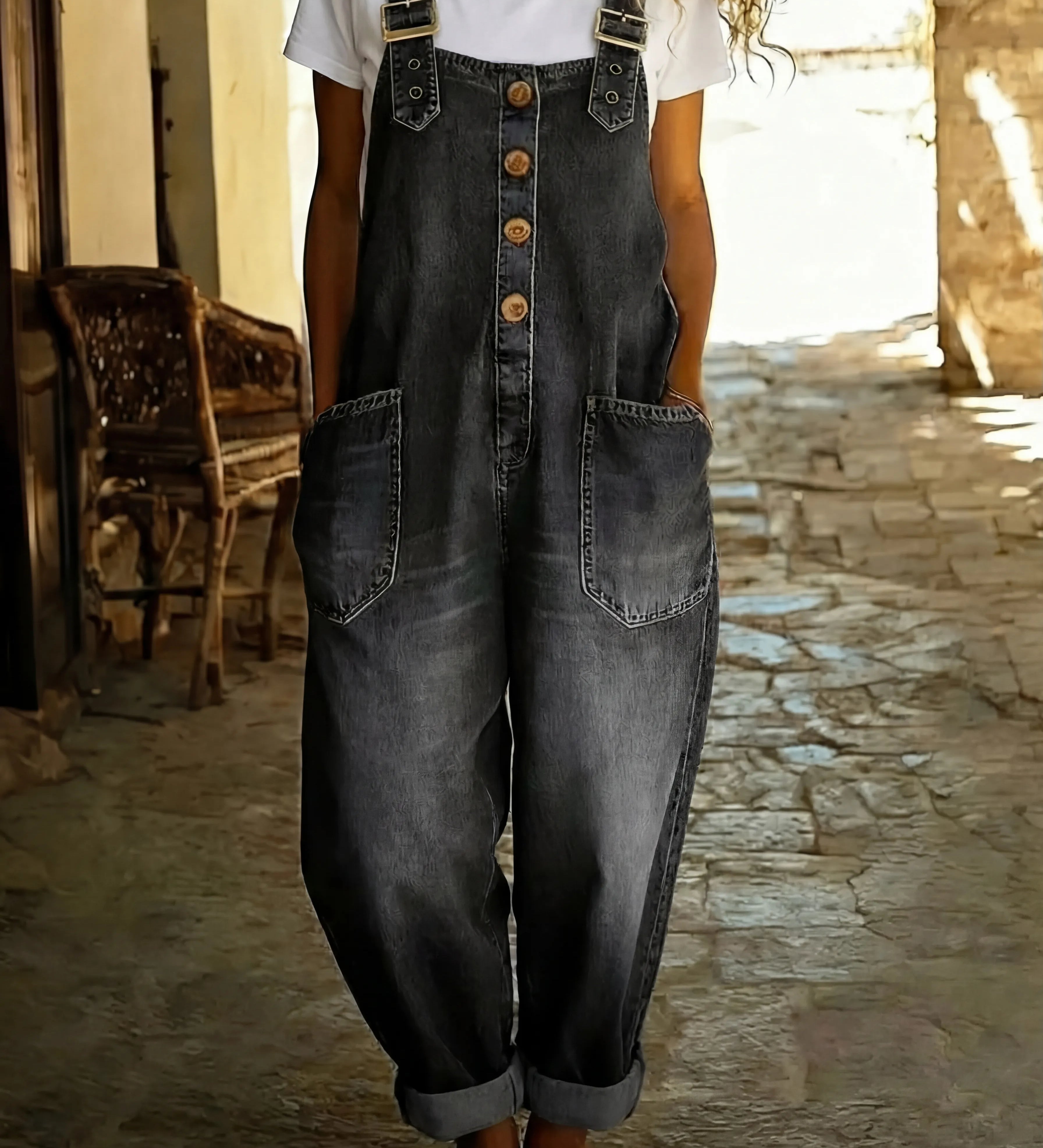 Denim jumpsuit met verstelbare bandjes en relaxte pasvorm