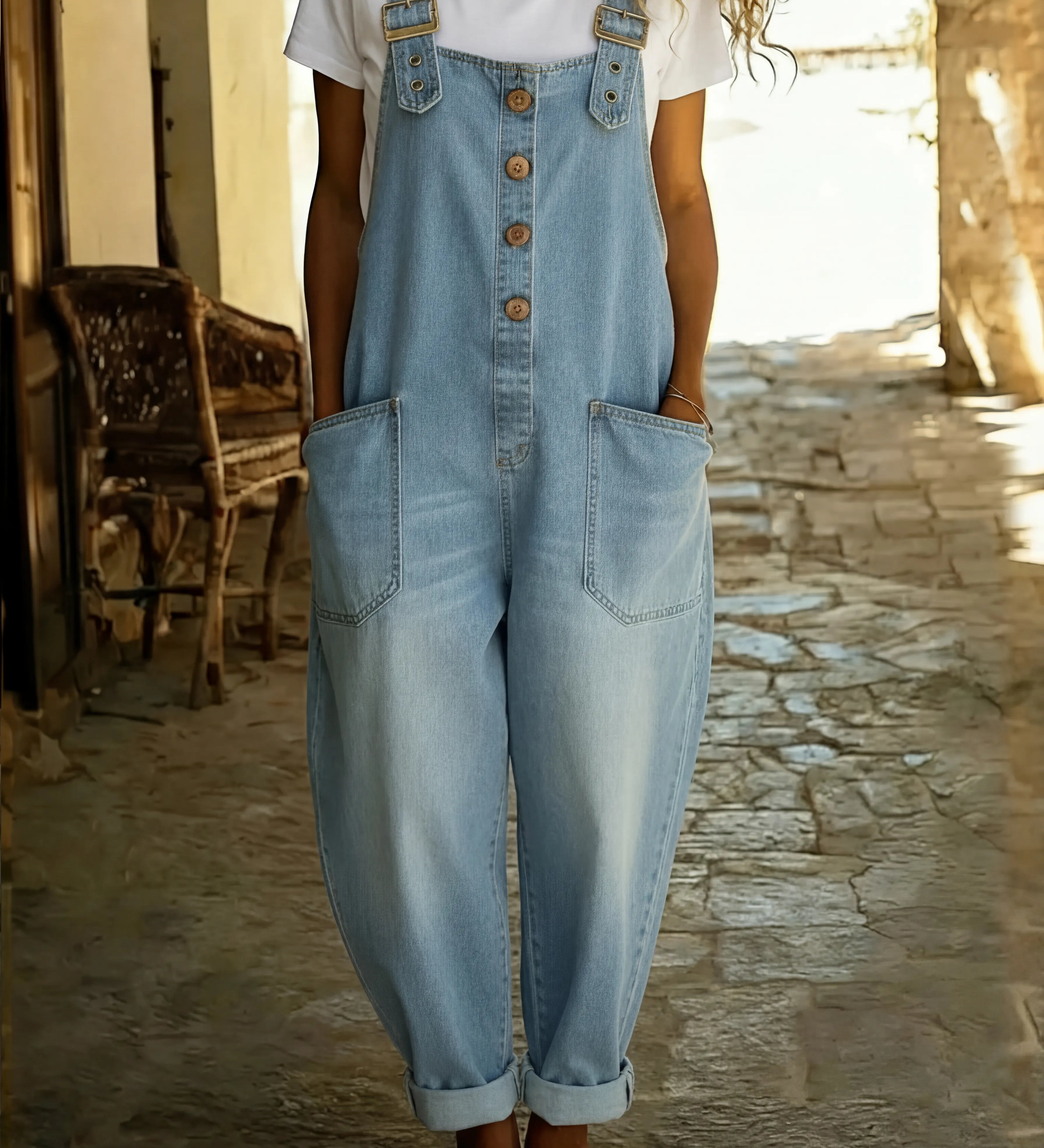 Denim jumpsuit met verstelbare bandjes en relaxte pasvorm