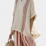 Linnen set met open blouse en wijde broek voor zomerse dagen