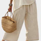 Linnen Set met Soepele Blouse en Verstelbare Wijde Broek
