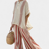 Linnen set met open blouse en wijde broek voor zomerse dagen