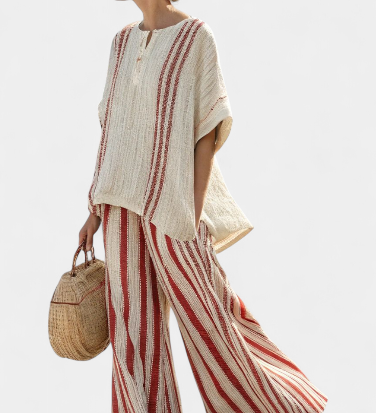 Linnen set met open blouse en wijde broek voor zomerse dagen