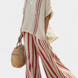 Linnen set met open blouse en wijde broek voor zomerse dagen