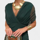 Lange jurk met V-hals en elegante plooien voor speciale gelegenheden
