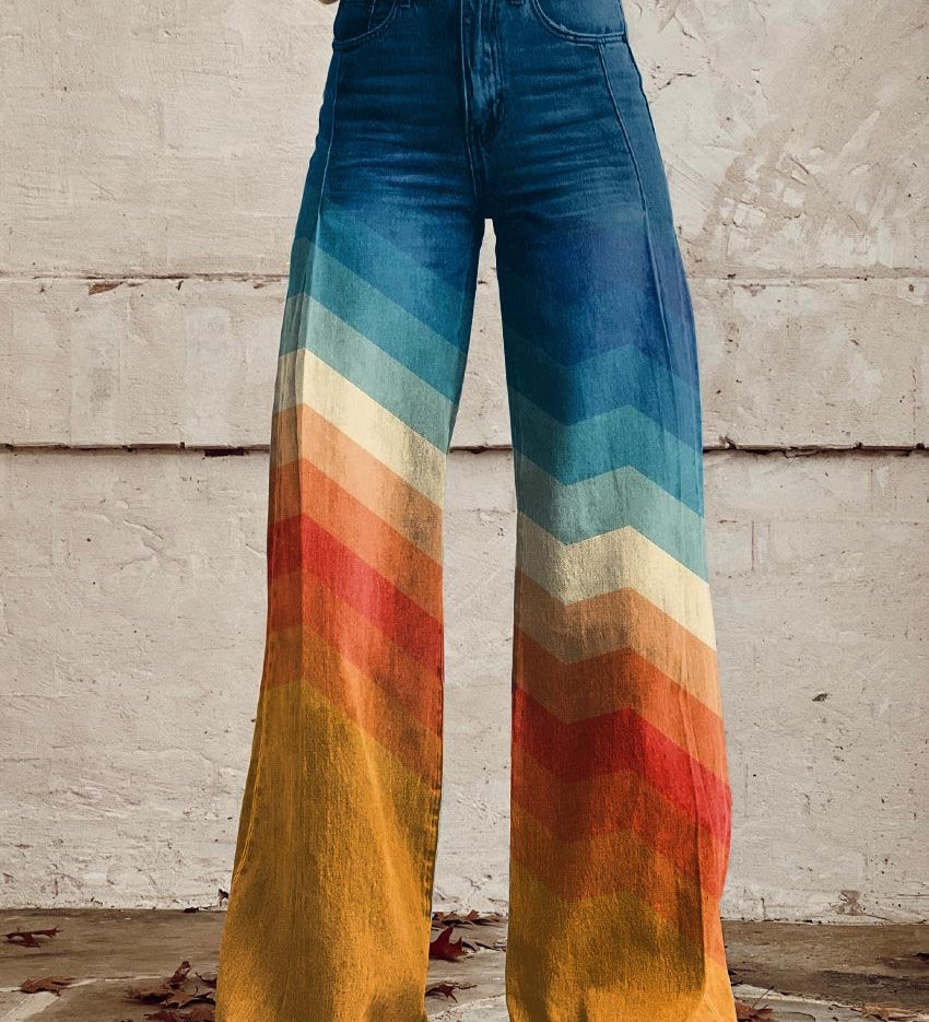 Wijde broek met retro zigzag print en brede pijpen