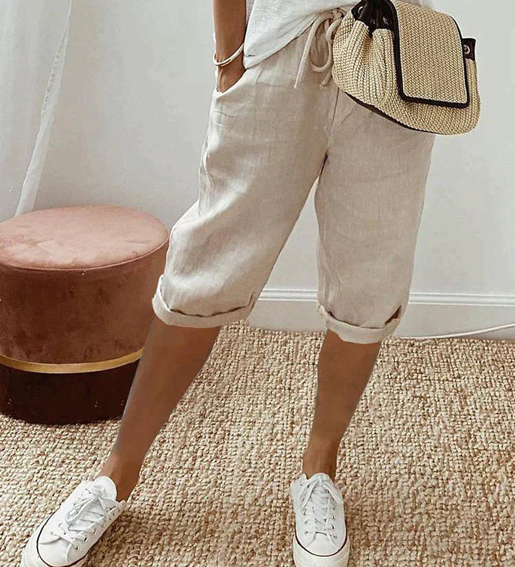 Shorts met katoen-linnen mix en verstelbare taille