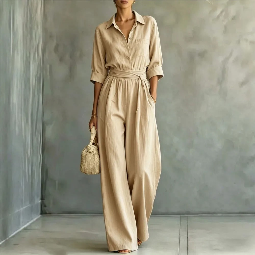 Elena Mono Elegante con Cintura Ajustable y Pantalón Ancho
