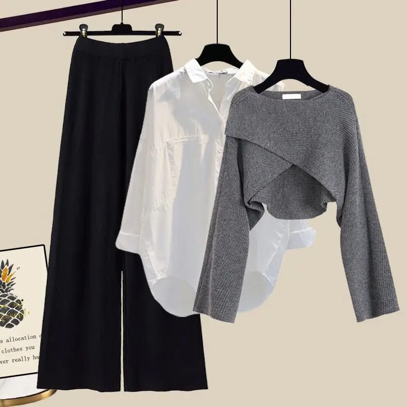 Pauline | Set met wijde pantalon, oversized blouse en cropped sweater