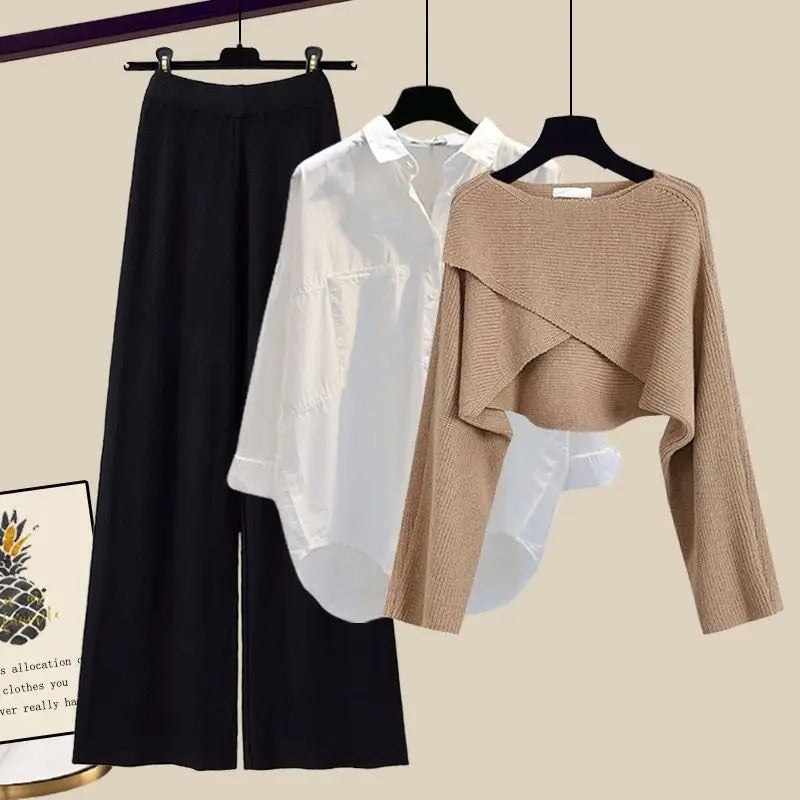 Pauline | Set met wijde pantalon, oversized blouse en cropped sweater